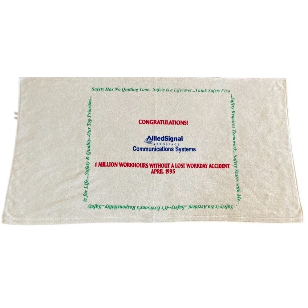 Vtg 90s Allied Signal Beach Towel 1 Million Workhours Without Accident White USA